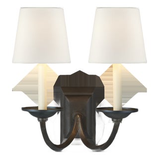Chapman & Myers for Visual Comfort Signature Flemish Double Sconce in Aged Iron with Linen Shades For Sale