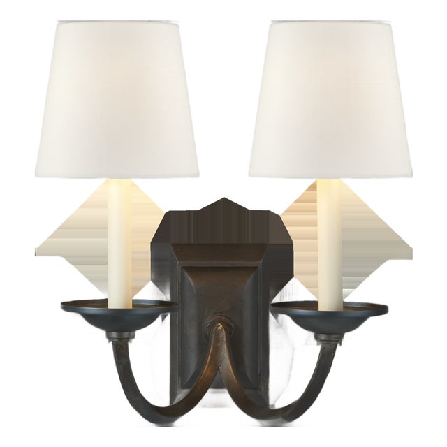 Chapman & Myers for Visual Comfort Signature Flemish Double Sconce in Aged Iron with Linen Shades For Sale