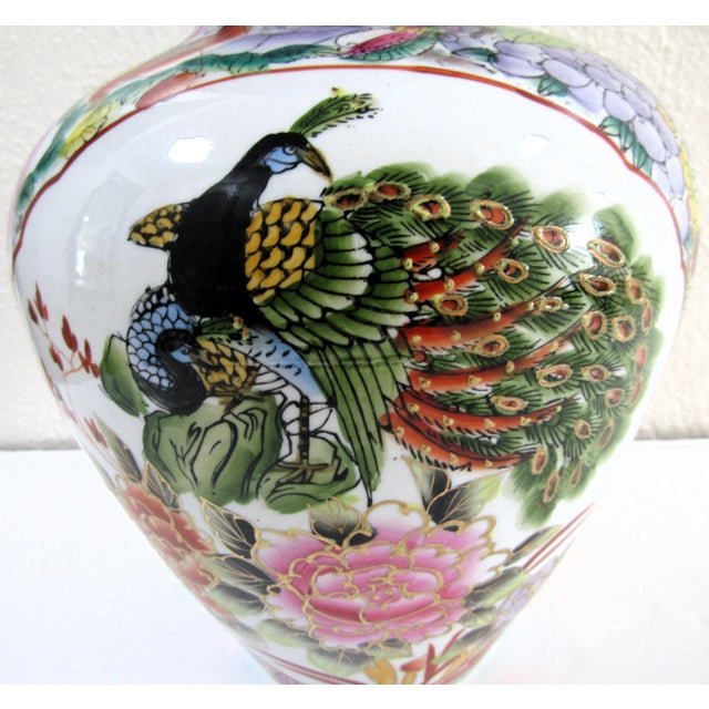 Vintage Chinoiserie Hand Painted Famille Rose Peacock Porcelain Vase For Sale - Image 10 of 12