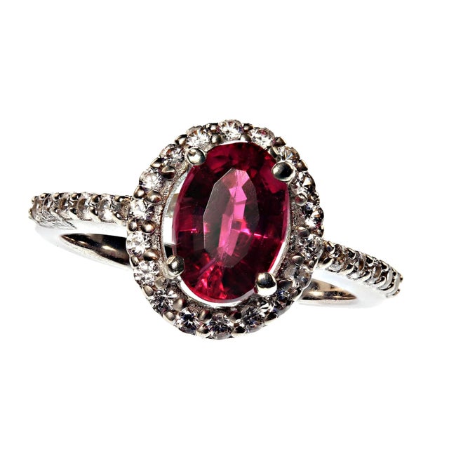 Traditional 1.6Ct Oval Rubelite in Halo in Sterling Silver Size 7 For Sale - Image 3 of 8