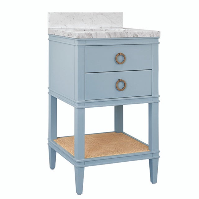 Matthew Izzo Home Cutler 24” Light Blue Two Drawer Single Porcelain Sink Vanity With Open Cane Shelf and Brass Hardware For Sale - Image 10 of 10