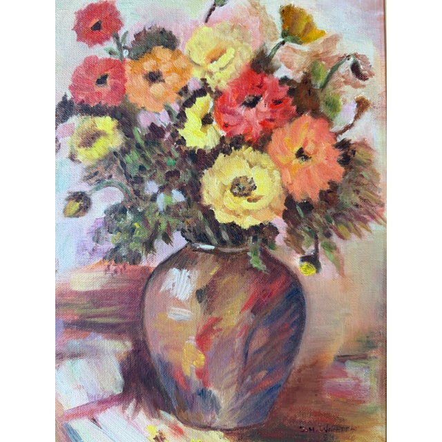 1980's Vintage Impressionist Floral Still Life Oil on Canvas Board Painting – Framed & Signed For Sale - Image 4 of 12