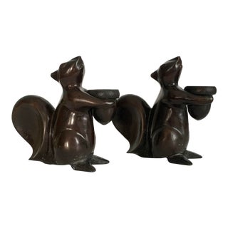 2000s Restoration Hardware Bronze-Plated Squirrel Candle Holders - Set of 2 For Sale