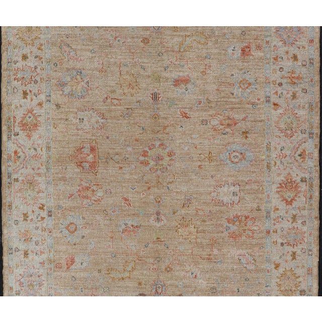 Cream Floral Turkish Angora Oushak With Sandy in Taupe Background and Cream Border 6'1 X 8'9 For Sale - Image 8 of 12