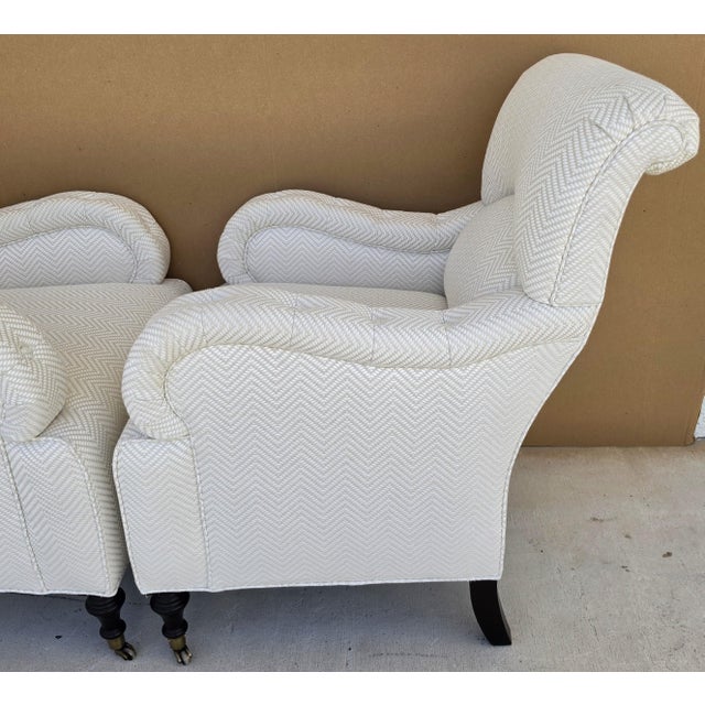 Baker Furniture English Country Scroll Arm Lounge Chairs in White Herringbone Casters Pair For Sale - Image 14 of 17