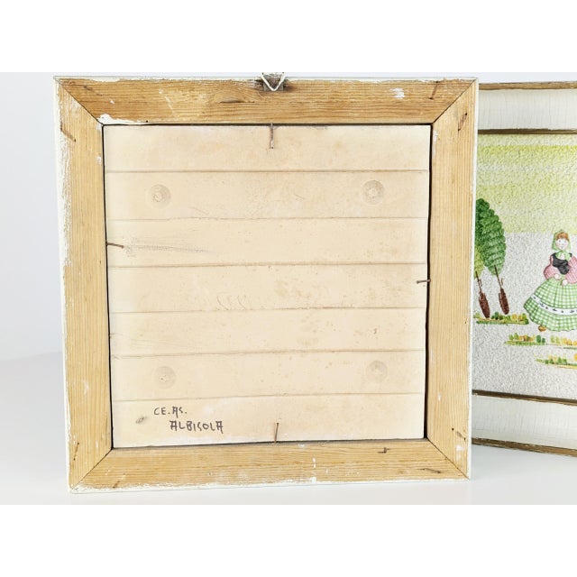 Italian Wall Decorative Ceramic Tiles with Wooden Frame by Lina Poggi Assalini for Ce. As., 1950s, Set of 2 For Sale - Image 9 of 11