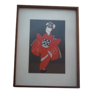 Mid Century Kaoru Kawano 'Dancing Figure" Original Signed Woodblock Print