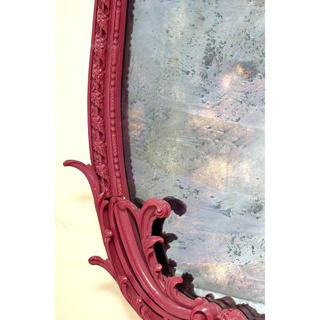 Bright Pink 19th Century Large Rococo/ Baroque Design Ornately Carved Wood Wall Mirror With Aged Glass For Sale - Image 8 of 18