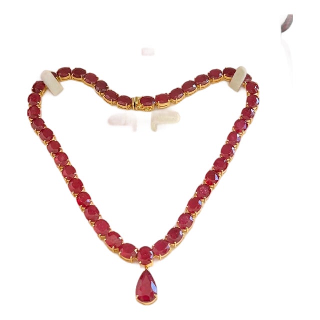Bochic “Capri” Vintage 100 Carat Natural Ruby Necklace Set in 18K Gold & Silver For Sale