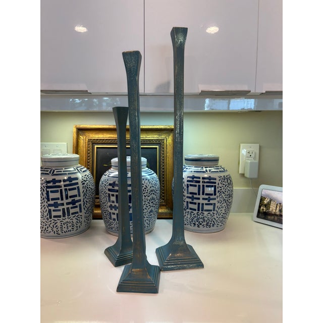 Late 20th Century Dusty Blue Patinated Metal Candlesticks With Antiqued Gold Highlight Set of 3 For Sale - Image 5 of 14