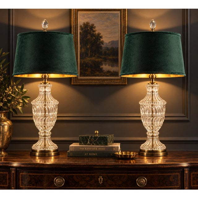 Emerald Mid 20th Century Coordinated Trio of Yugoslavian Crystal Lamps With Emerald Velvet Shades - Set of 3 For Sale - Image 8 of 11