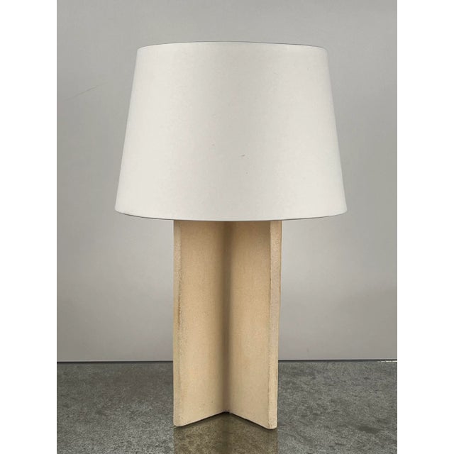 Chic 'Croisillon' cream ceramic lamp with parchment shade by Design Frères. An attractive, understated combination of a...