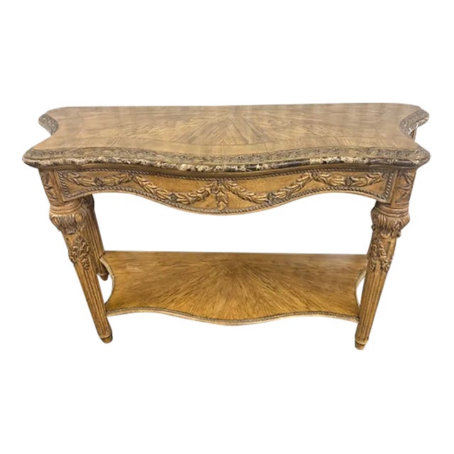 1980s Console Table With Carved Wood and Marble For Sale
