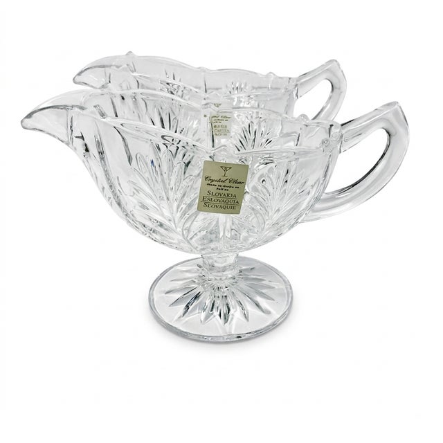 1980s Vintage Hollywood Regency Chippendale Slovakia Cut Crystal Gravy Boats - A Pair. For Sale