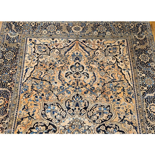 Vintage Persian Heriz Rug, Hand-Knotted Wool, Geometric Medallion Pattern,Tan & Navy, 9x13 For Sale - Image 11 of 18