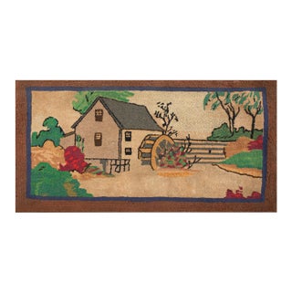 1930s Ivory Scene Pictorial Antique American Hooked Rug 2'5" X 4'9" Handknotted Wool Carpet For Sale