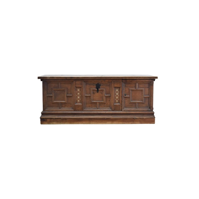 beautiful very ancient Spanish trunk nicely carved and with beautiful and delicate marquetry it is in very good...