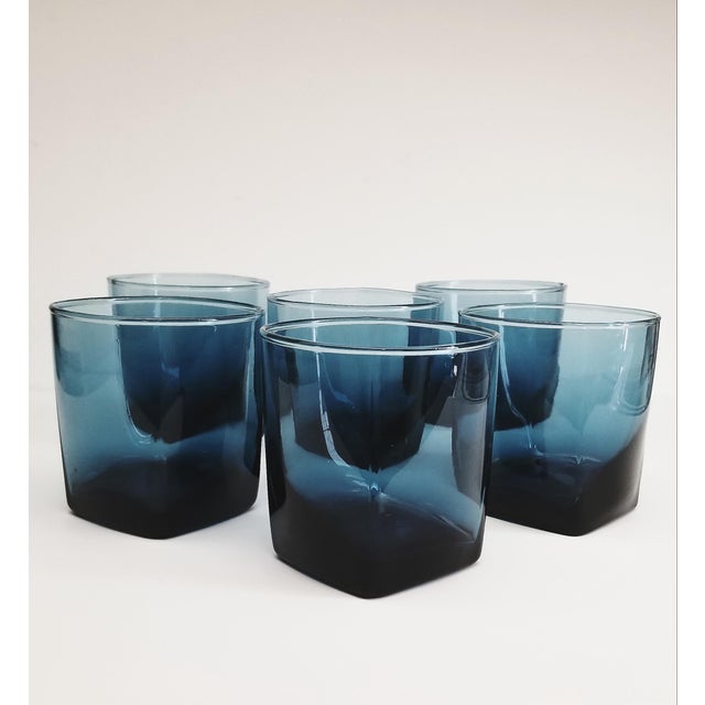 MidCentury Dark Blue Double Old Fashioned Cocktail Glasses With Square