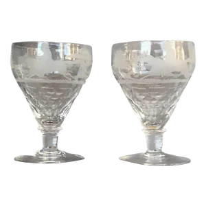 Antique Victorian Hand Blown Crystal Sherry Glasses With Wheel Cut Fox Design Set of 2