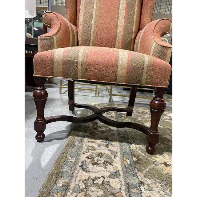 Wood Late 20th Century Traditional Wingback Armchair in Warm Patterned Fabric With Carved Wood Base For Sale - Image 7 of 7