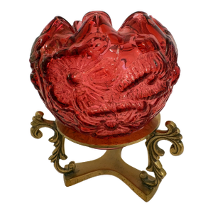 1980s Hollywood Regency Fenton Poppy Glass Bowl on Brass Stand