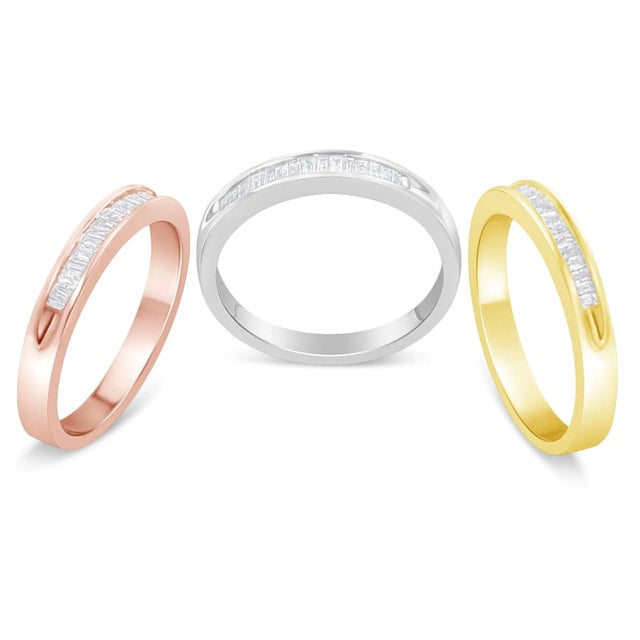 Haus of Brilliance 10K Yellow, White and Rose Gold over .925 Sterling Silver 5/8 Cttw Diamond Channel-Set Stackable Band Ring Set (H-I Color, I1-I2 Clarity) - Size 6 3/4 For Sale - Image 4 of 7