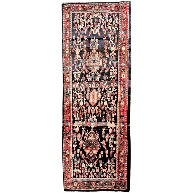 Vintage Blue and Red Persian Hamadan Gallery Rug. 4'3"x 9'6" For Sale