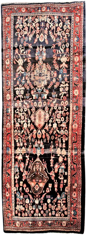 Vintage Blue and Red Persian Hamadan Gallery Rug. 4'3"x 9'6"