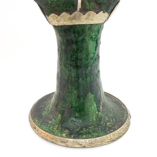 Contemporary Vintage Moroccan Tamegroute Green Glazed Candle Holder With Brass Accents For Sale - Image 3 of 9