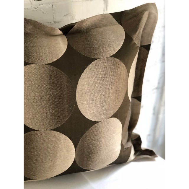 Fabulous pair of 24" Jim Thompson flange edge pillows with geometric eclipse like patterns, and in hues of champagne and...