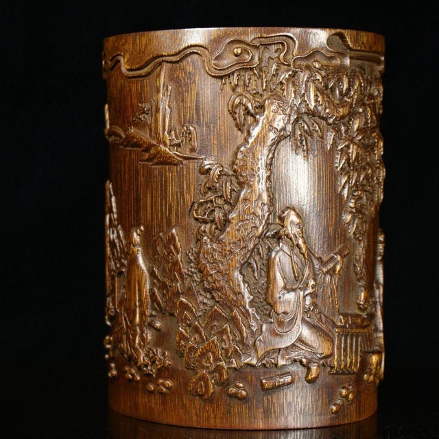 Chinese Vintage Chinese Deep Relief Bamboo Carved "Scholars" Brush Pot - 475g For Sale - Image 3 of 9