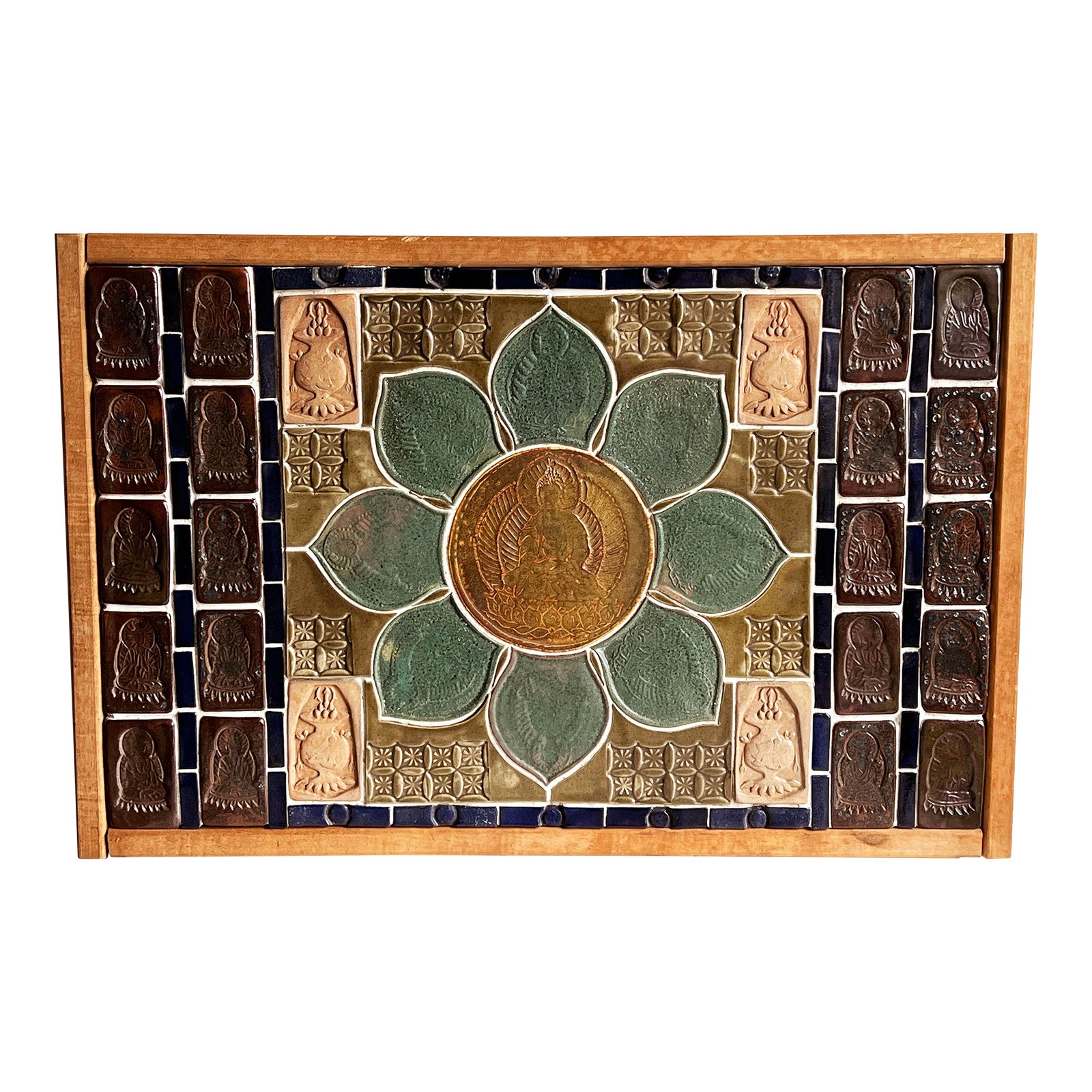 Large Framed Ceramic Tile Mosaic Wall Panel With Buddha Motif by Mikiko Tanaka