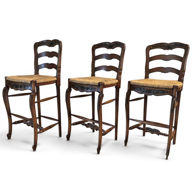 Farmhouse French Country Rush Seat Bar Stools - Set of 3 For Sale - Image 3 of 13