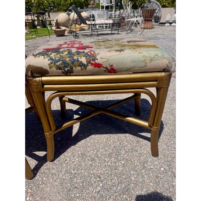 Pair of Vintage Painted Gold Bamboo Stools in Regal Fabrics “Zen Toile” Upholstery For Sale - Image 10 of 11