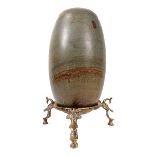 Antique Indian Shiva Lingam Fertility Stone on Cast Brass Tripod Stand For Sale