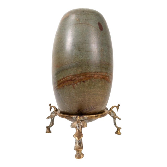 Antique Indian Shiva Lingam Fertility Stone on Cast Brass Tripod Stand For Sale