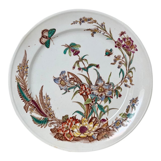 Antique Aethetic Movement Flora and Fauna Hand-Colored Ironstone Transferware Plate For Sale