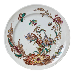 Antique Aethetic Movement Flora and Fauna Hand-Colored Ironstone Transferware Plate
