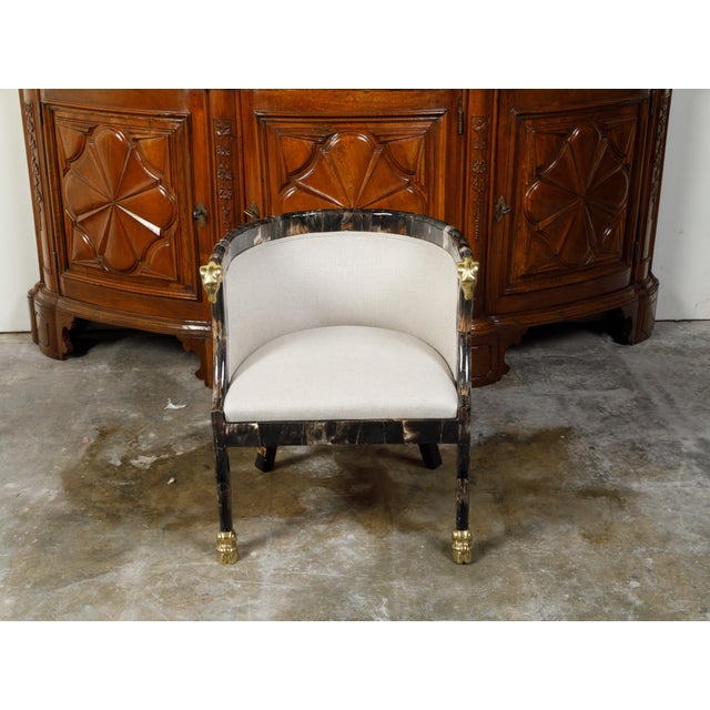 Mid 20th Century Italian Midcentury Horn Tub Chair with Gilt Rams' Heads and New Upholstery For Sale - Image 4 of 11