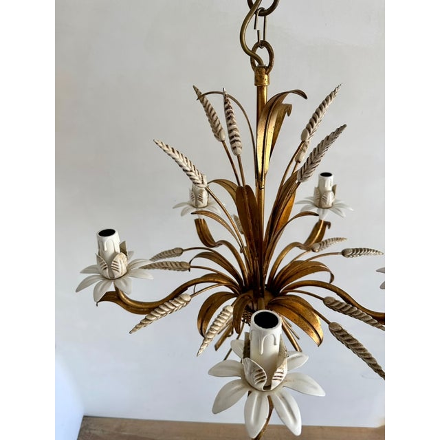 Vintage Gilt Wheat Sheaf Chandelier with White Floral Details, France, 1960s For Sale - Image 9 of 13