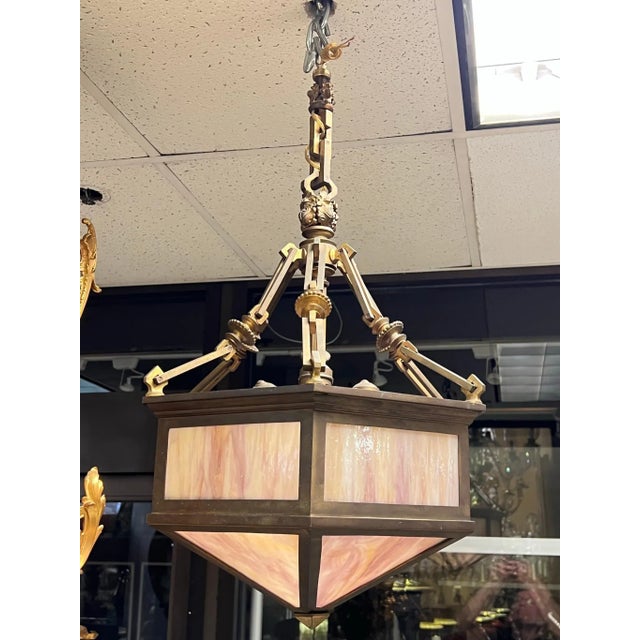 Antique Hexagonal Shaped Bronze and Slag Glass Chandelier For Sale - Image 12 of 12