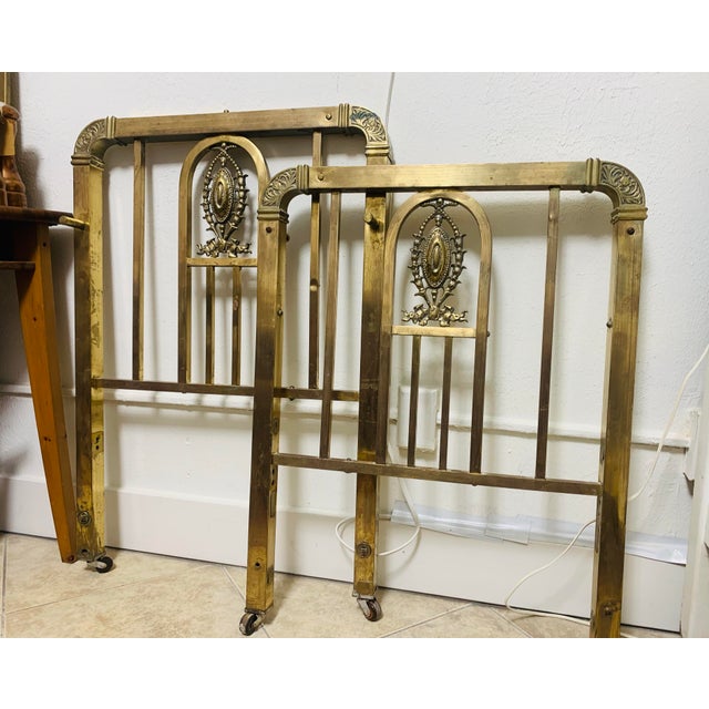 Antique Victorian Brass Children’s Twin Bed Headboards – Pair With Ornate Cast Medallions For Sale In San Francisco - Image 6 of 6