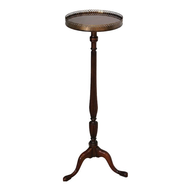 Mid-Century English Mahogany Brass Gallery Tripod Plant Stand / Drinks Table For Sale