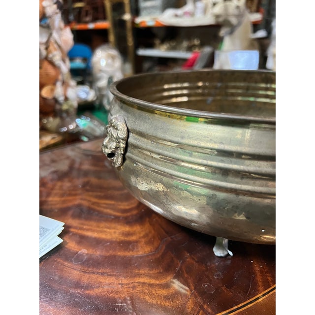 Round Footed Vintage Brass Decorative Bowl With Lion Head Details For Sale - Image 4 of 7