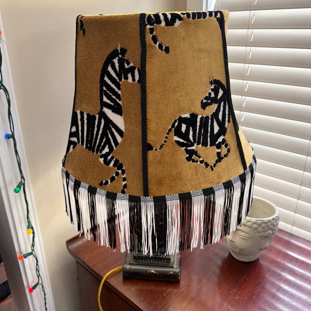 Whimsical Vintage Zebra Lampshade With Fringe – Spider Fitter For Sale - Image 4 of 4