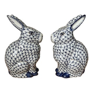 Vintage MCM Herend-Style Fishnet Bunny Rabbit Figurines -Set of 2 For Sale