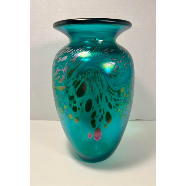 RARE Vintage Murano Iridescent Splatter Turquoise Art Glass Vase Unsigned Aprox. dimensions: 10.5"H x 6" diameter Very...