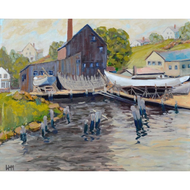 Painterly scene of boats and boats being built at the docks in old Pacific Grove, California. Signed"WHM" lower left....