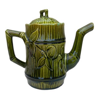 19th Century French Green Majolica Bamboo Teapot Salins For Sale
