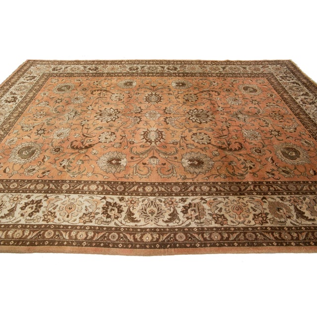 1960s Antique Peach Persian Tabriz Wool Rug Floral Designed For Sale - Image 5 of 10